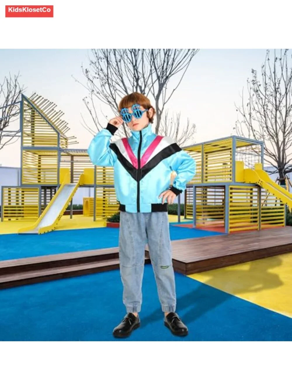 Kids 80s Retro Windbreaker Tracksuit Top Costume with Glasses